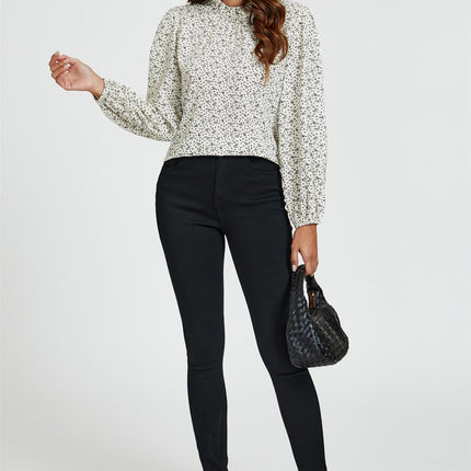 Little Floral Print Frill Detail High Neck Top In White