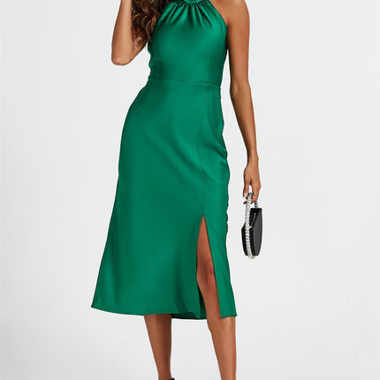 Satin Halter Neck Tie Back Midi Dress In Green