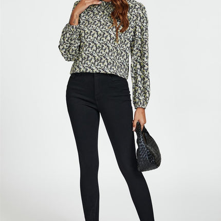 Multi Floral Print Frill Detail High Neck Top In Yellow