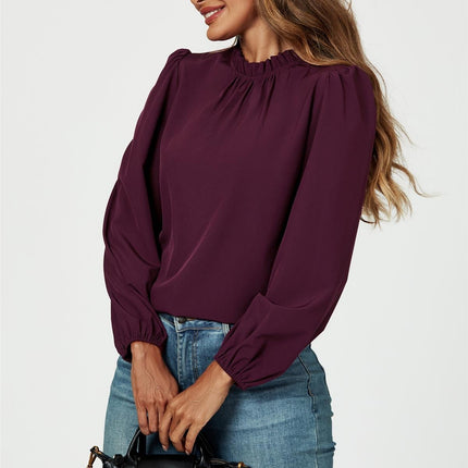 Frill Detail High Neck Top In Plum
