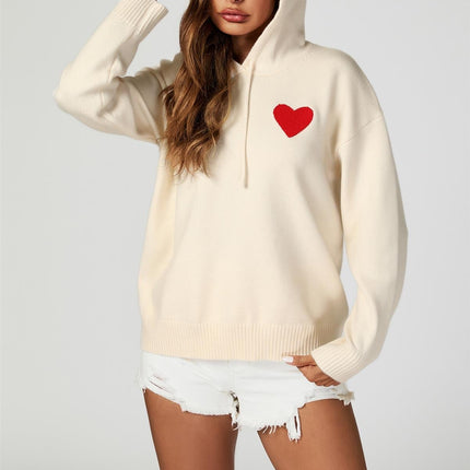 Heart Embroidery Knitted Hoodie In Cream