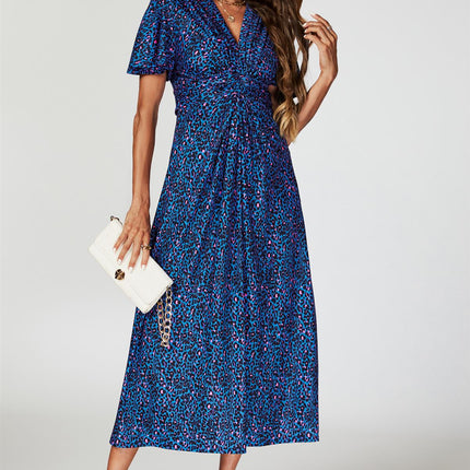 Animal Print Angel Sleeve Twist Midi Dress In Blue