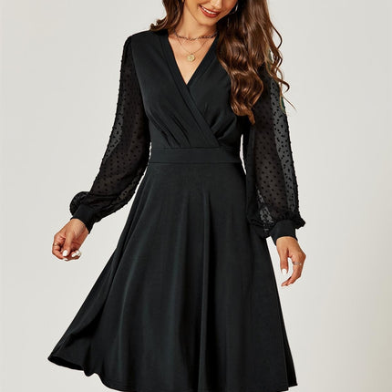 Long Chiffon Sleeve Pleated Midi Dress In Black