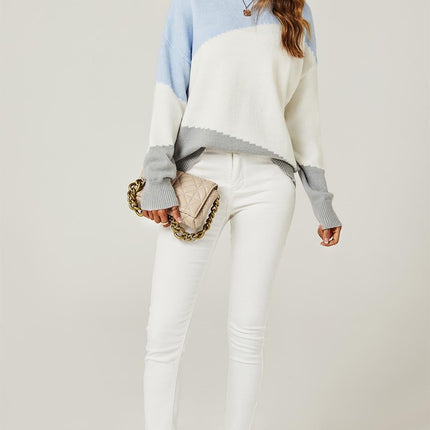 Relaxed Grey & White Block Colour Jumper Top In Blue