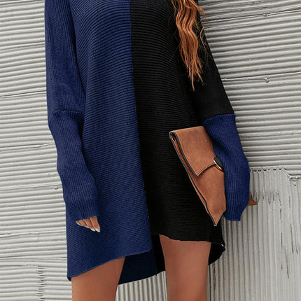 High Neck Half Forest Navy & Black Block Colour Jumper Top