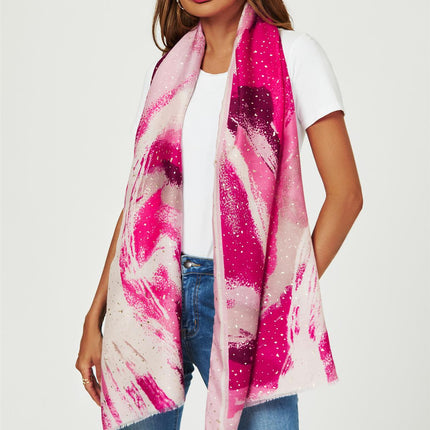 Gold Foil Abstract Brush Print Fringed edges Scarf In Pink