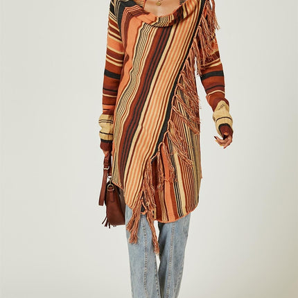 Fringes Detail Cardigan In Rusty Red & Orange & Black