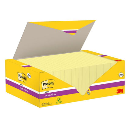 Post-it® Super Sticky Notes, Gelb, 76 mm x 127 mm, 90 Blatt/Block, 24 Blöcke/Packung, Kartonverpackung, 100% PEFC, SGSCH-PEFC-COC-110078 | Packung (1 Stück)