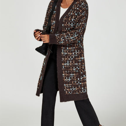 Boucle Check Cardigan In Brown With Multicolour Speckles