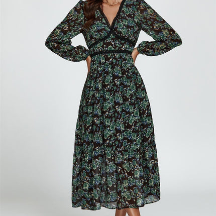 Floral Print Long Sleeve Midi Dress In Brown