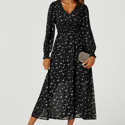 Gold Star Foil Long Sleeve Maxi Dress In Black