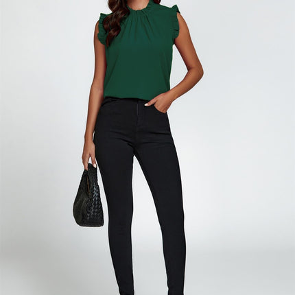 Frill Trim Sleeve Frill Neck Blouse Top In Dark Green
