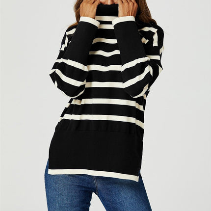 Stripes Pattern Turtleneck Jumper Top In Black