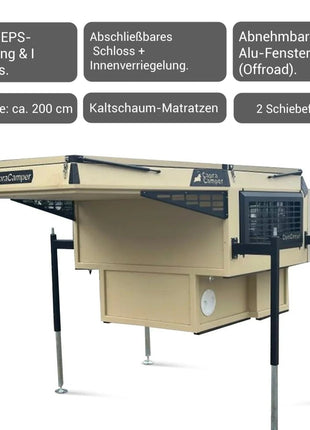 Capracamper Absetz-Wohnkabine Camper Leichtbau – ca. 220 kg, 20 mm EPS-Isolierung, ausziehbares 195×160 cm-Bett (Schwarz/Grau/Grün/Beige) - Linkreich