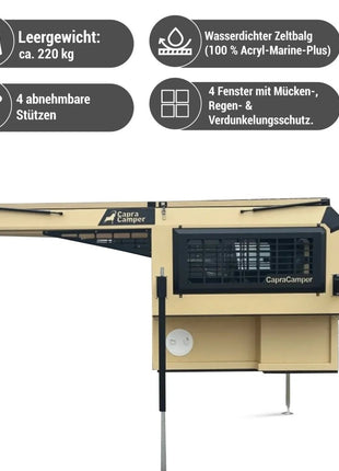 Capracamper Absetz-Wohnkabine Camper Leichtbau – ca. 220 kg, 20 mm EPS-Isolierung, ausziehbares 195×160 cm-Bett (Schwarz/Grau/Grün/Beige) - Linkreich