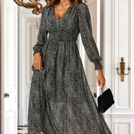 Leopard Print Long Sleeve Maxi Dress In Grey