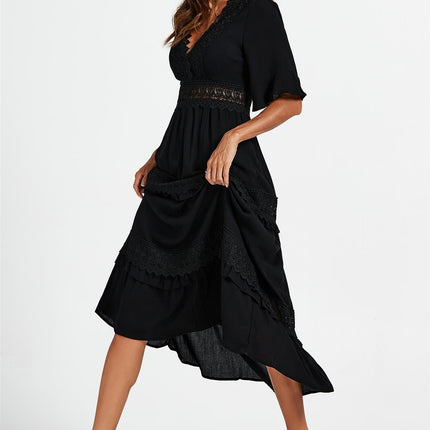 V Neck Lace Detail Midi Dress In Black