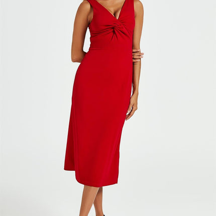 V Neck Knot Front Midi Dress In Red