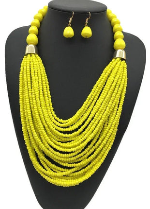 Acryl-Perlen Schmuck-Set – Halskette & Ohrringe, Statement/Choker, African Style, Damen - Gelb Linkreich