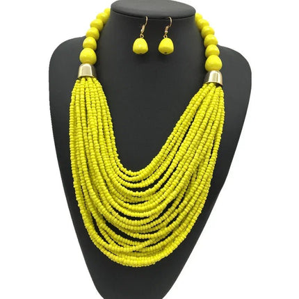 Acryl-Perlen Schmuck-Set – Halskette & Ohrringe, Statement/Choker, African Style, Damen - Gelb Linkreich