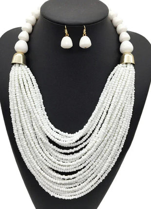 Acryl-Perlen Schmuck-Set – Halskette & Ohrringe, Statement/Choker, African Style, Damen - Weiß Linkreich