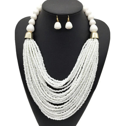 Acryl-Perlen Schmuck-Set – Halskette & Ohrringe, Statement/Choker, African Style, Damen - Weiß Linkreich