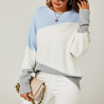 Relaxed Grey & White Block Colour Jumper Top In Blue