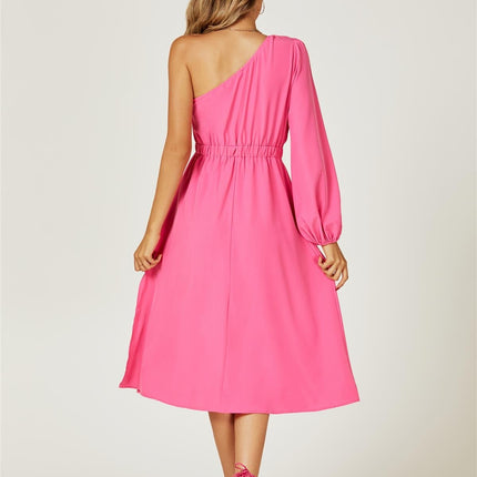 One Shoulder Split Leg Midi Dress In Fuchsia Print