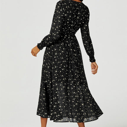 Gold Star Foil Long Sleeve Maxi Dress In Black