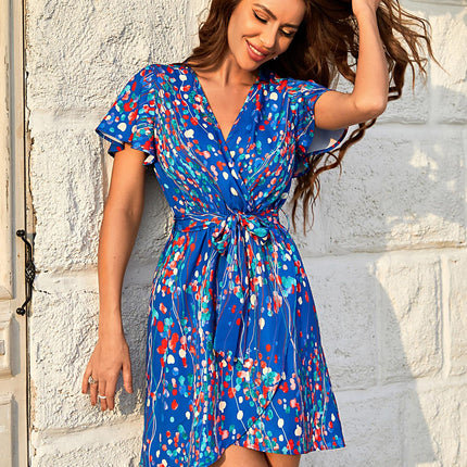 Abstract Floral Print Angel Sleeve Wrap Top Mini Dress In Blue