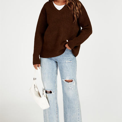 V Neck Jumper Top In Brown