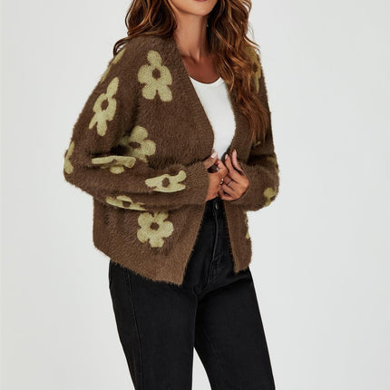 Flowers Pattern Knitted Cardigan In Brown