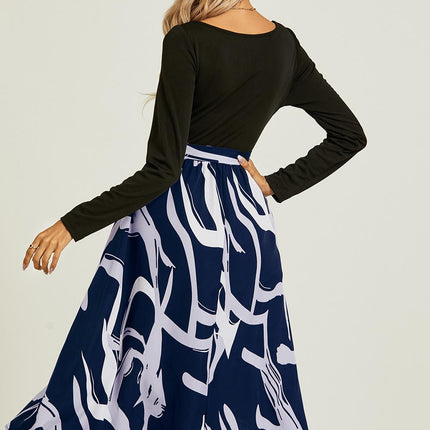 Printed 2 In 1 Midi Dress Long Sleeve Top In Navy