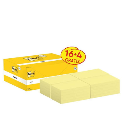 Post-it® Notes, Gelb, 76 mm x 127 mm, Promotion, 100 Blatt/Block, 16 Blöcke + 4 Gratis/Packung, 100% PEFC, SGSCH-PEFC-COC-110078 | Packung (1 Stück)
