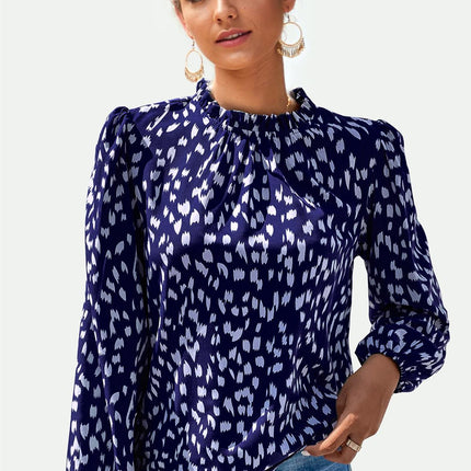 Animal Print Frill Detail High Neck Top In Navy