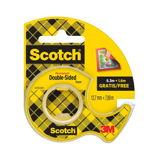 Scotch® doppelseitiges Klebeband, 12,7 mm x 7,89 m, 25 % extra KOSTENLOS mit Handabroller | 1 Rolle