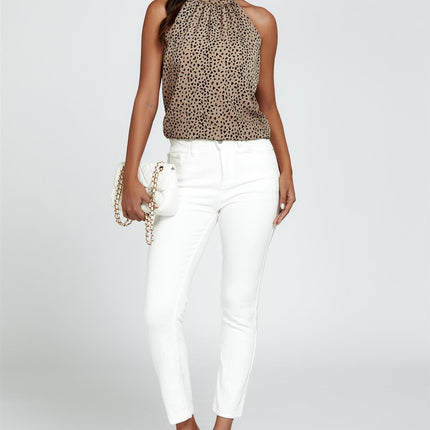 Leopard Print Halter Neck Tie Back Top In Beige