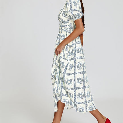 Geo Print Midi V neckline Dress In White