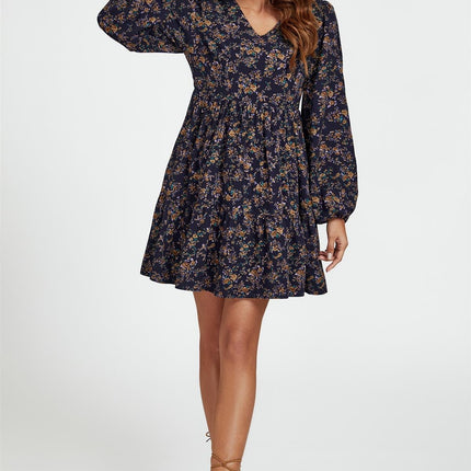 Little Floral Print V Neck Mini Dress In Navy