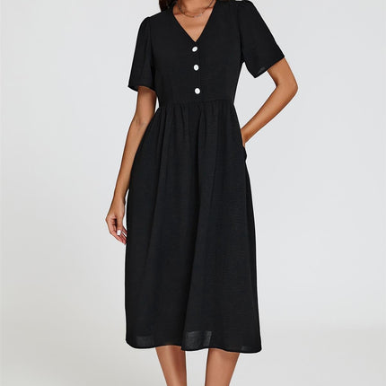 Button Front Midi Dress In Black