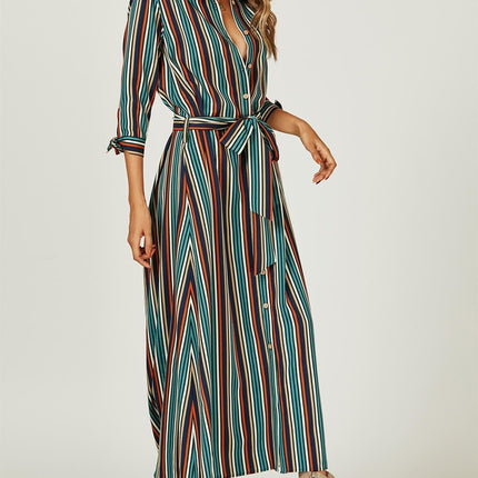 Stripe Print Maxi Shirt Dress In Navy