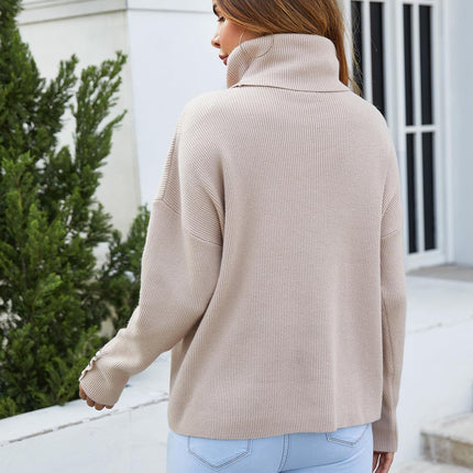 Button Detail On Sleeve Jumper Top With High Neck In Beige