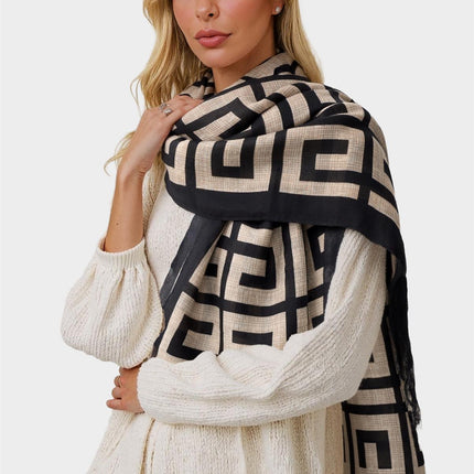 Geo Print Scarf In Beige & Black