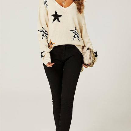 Relaxed Soft V Neck Animal Star Pattern Jumper Top In Beige