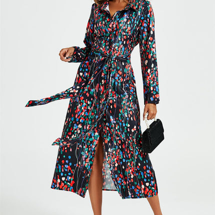 Abstract Floral Print Shirt Midi Wrap Dress In Black