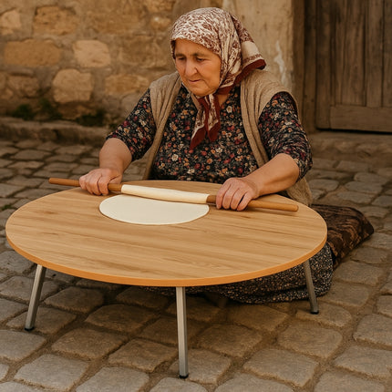 Akkaya Holzbodentisch Sofra Esstisch Klapptisch mit Metalfüße Durchmesser 90cm