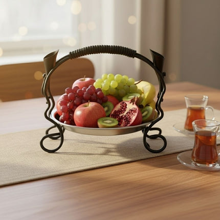 Akkaya Obstschale Metall mit Henkel rund 34 cm Schwarz Edelstahl Einsatz dekorative Servierschale