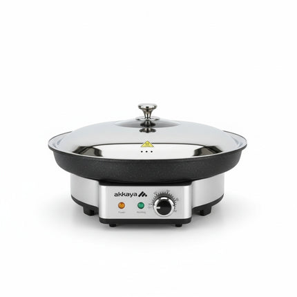 Akkaya Steinrapen – Elektrische Partypfanne 12,5 L aus Guss, bis 250 °C, mit Edelstahldeckel, Silber