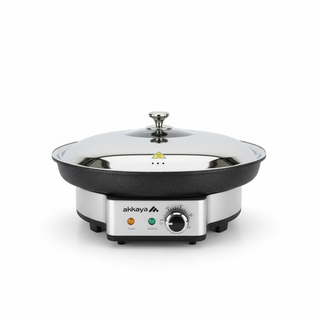 Akkaya Steinrapen – Elektrische Partypfanne 12,5 L aus Guss, bis 250 °C, mit Edelstahldeckel, Silber