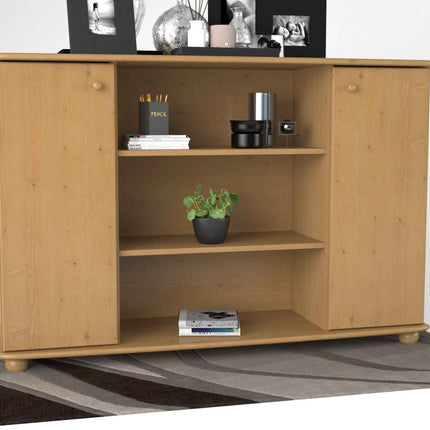 SEO. Anika Kommode Bio Kiefer Massivholz | 2-Türige Anrichte mit offenen Regalen - Capuccino Linkreich